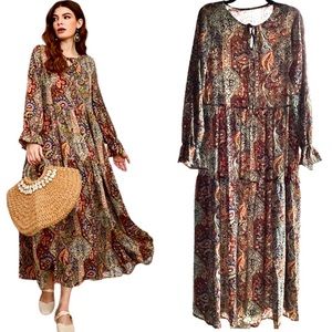SHEIN Mulvari Paisley Print Flounce Ruffle Sleeve Tiered Dress Size XL NEW!